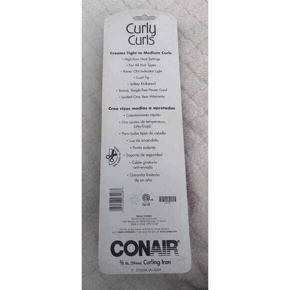 Conair Curly Curls 3/4 Inch Curling Iron 2 Heat Settings - New Sealed - CD35BC - Picture 2 of 3